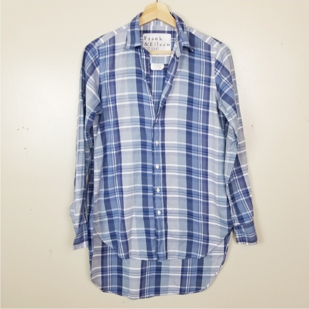 FRANK & EILEEN Blue Plaid Button Down Grayson High Low Shirt Top US XS